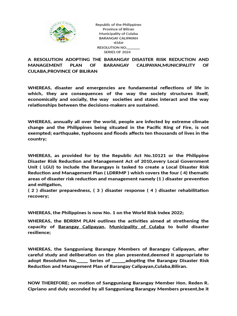 Bdrrm Resolution | PDF | Disaster Risk Reduction | Emergency Management