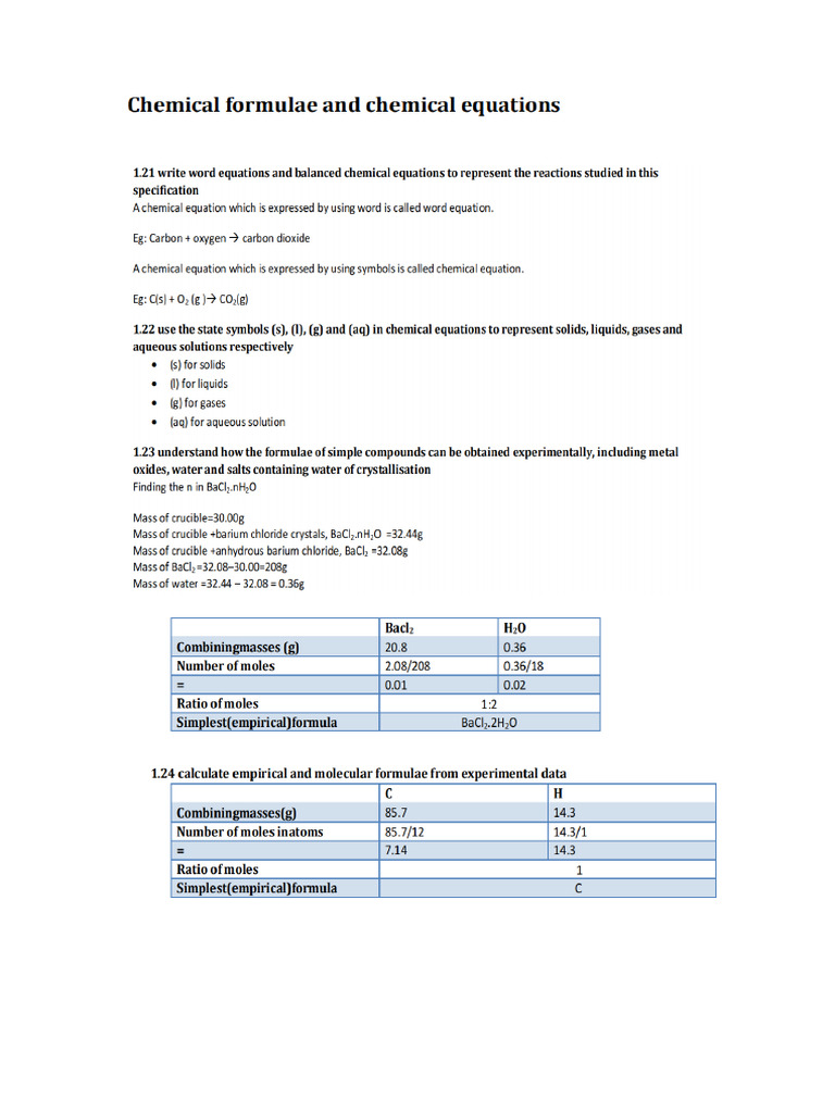 Study Material Chapter 5 Chemical Formula, Equations and Calculations | PDF