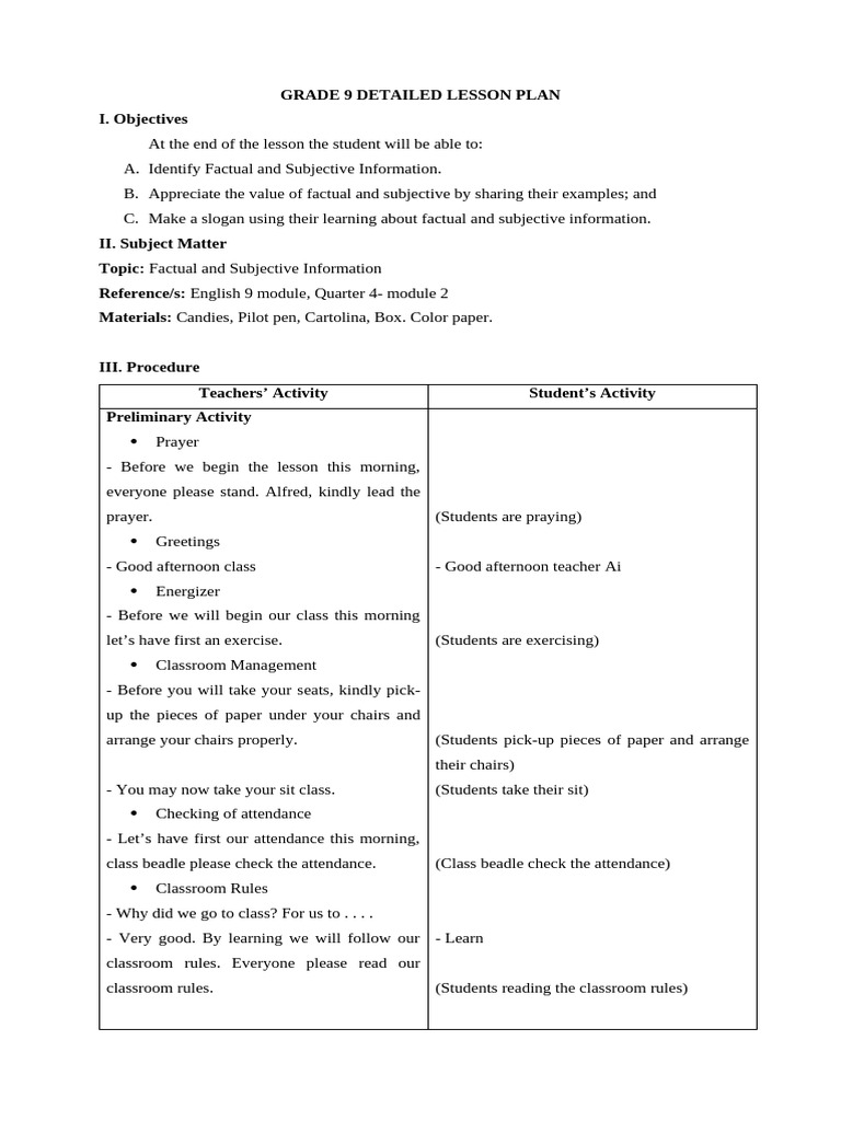 Grade 9 Detailed Lesson Plan (Final Demo) - 1-2 | PDF | Classroom ...