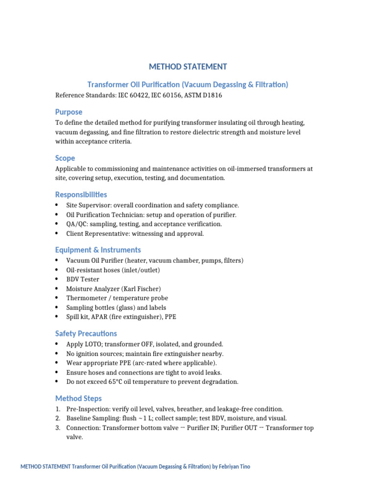 Method Statement Transformer Oil Purification by Febriyan Tino | PDF ...