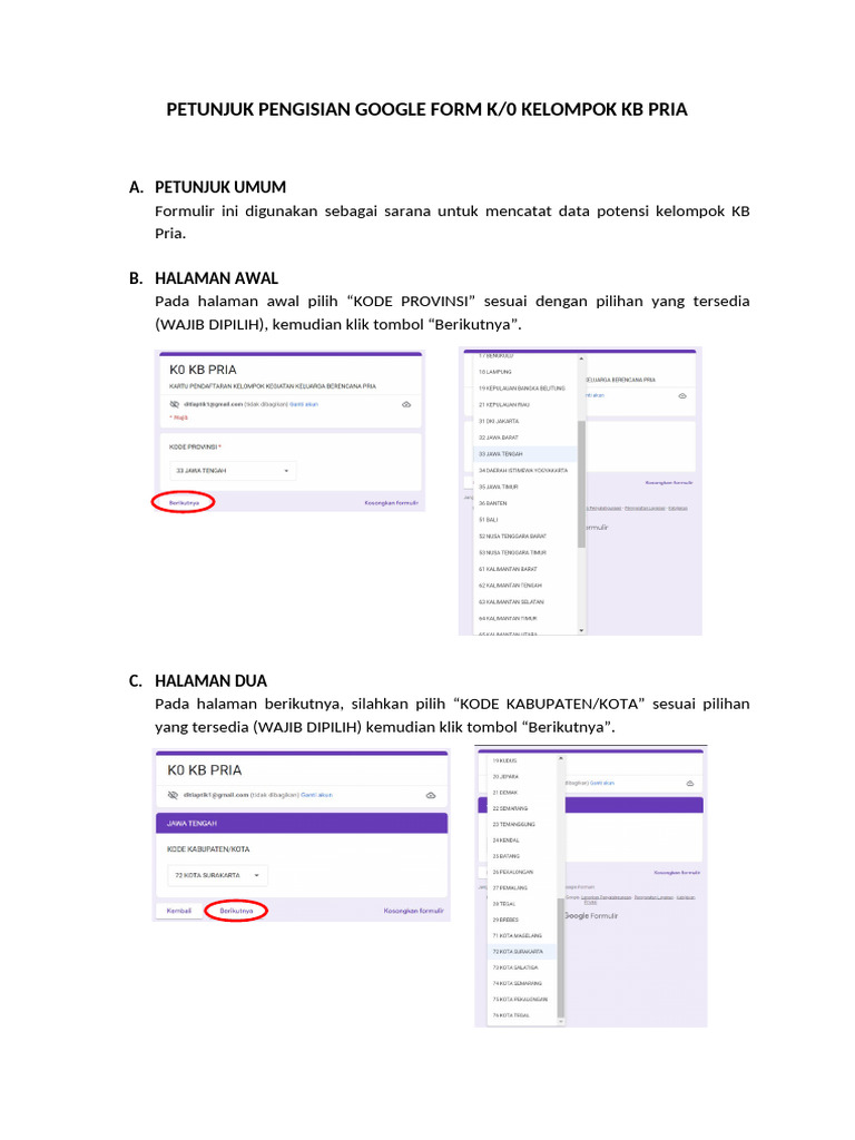 Petunjuk Pengisian Google Form K0 KB Pria | PDF