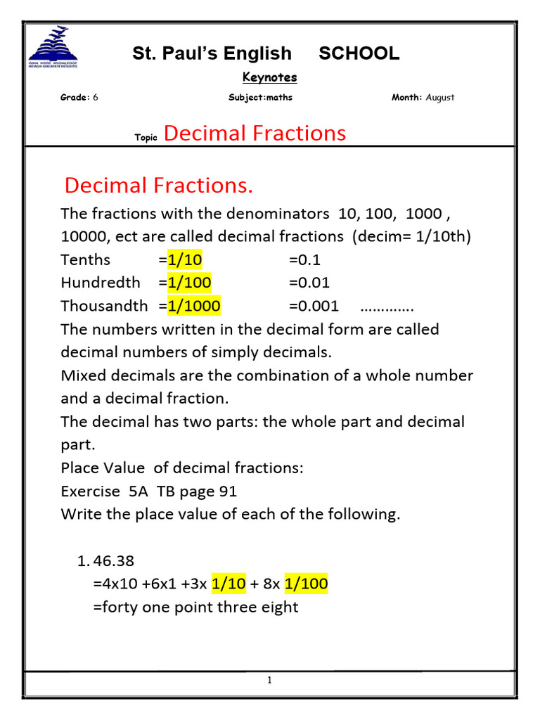 Keynotes Decimal Fractions. | PDF | Decimal | Elementary Mathematics