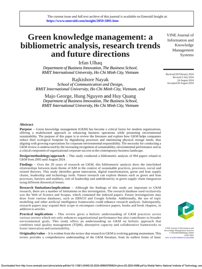 Green Knowledge Management-Bibliometric | PDF | Sustainability | Innovation