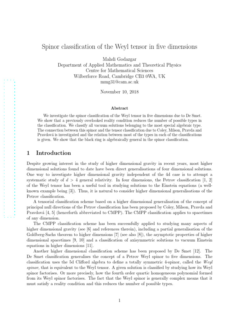Spinor Classification of The Weyl Tensor in Five Dimensions | PDF ...