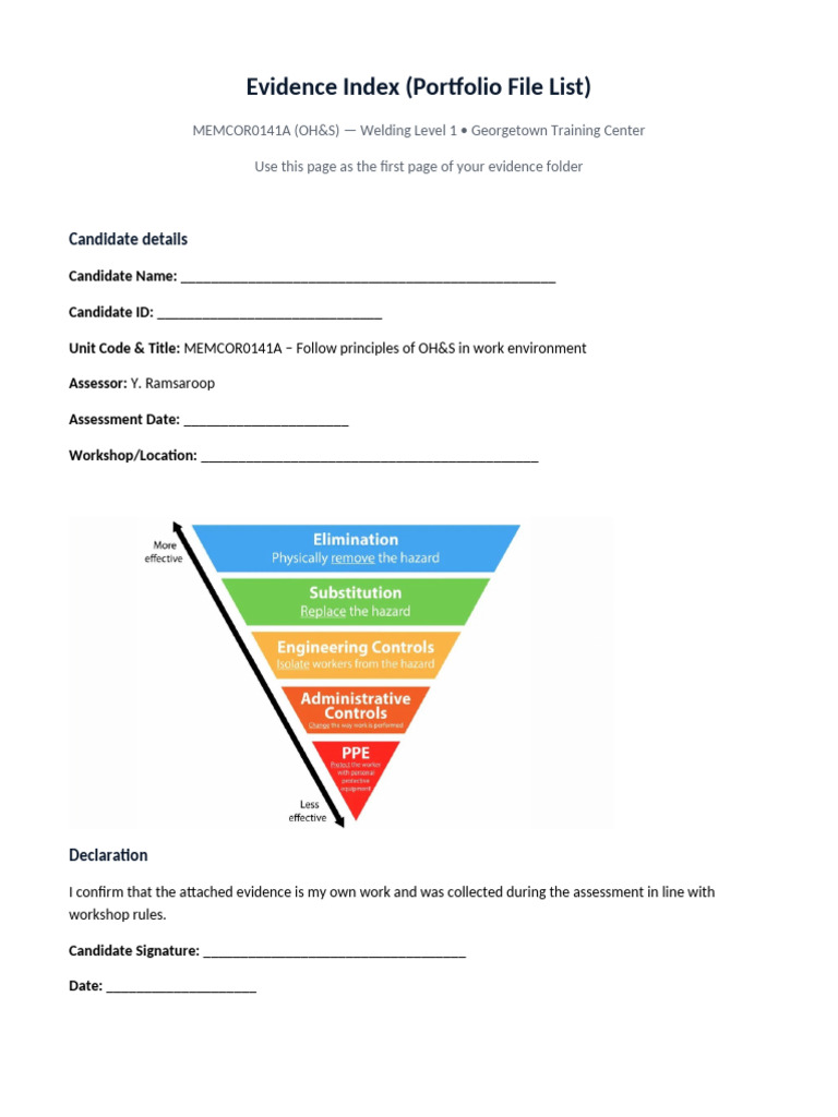MEMCOR0141A Evidence Index Template GTC | PDF | Safety