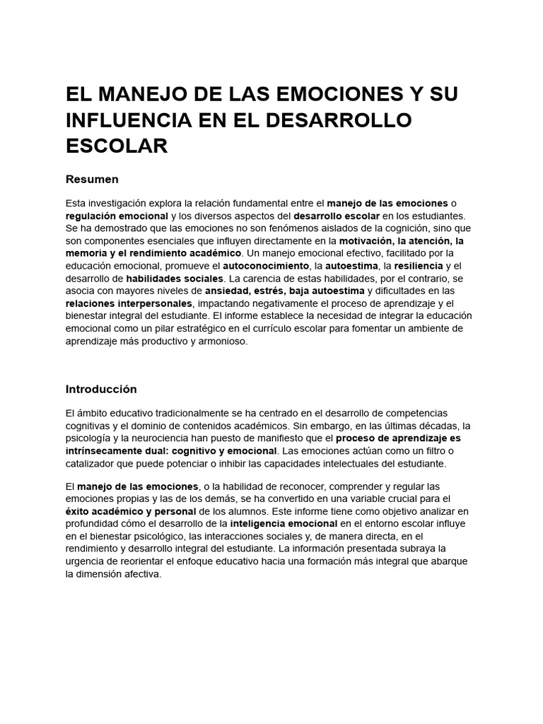 El Manejo de Las Emociones y Su Influencia en El Desarrollo Escolar (1 ...