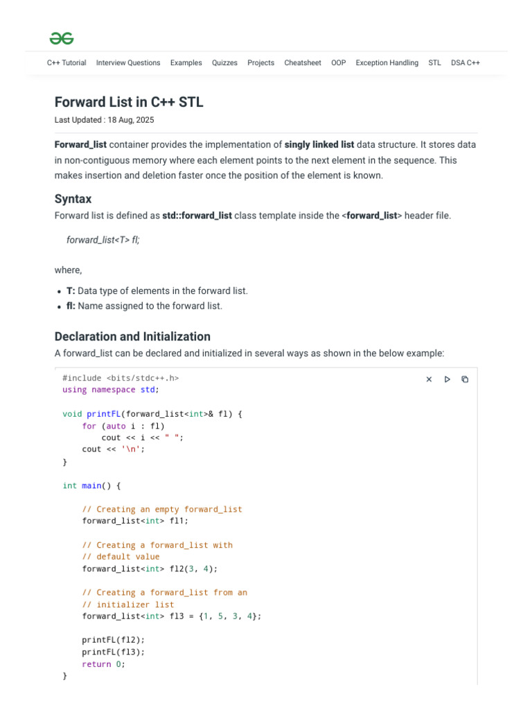 Forward List in C++ STL - GeeksforGeeks | PDF | C++ | Computer Science