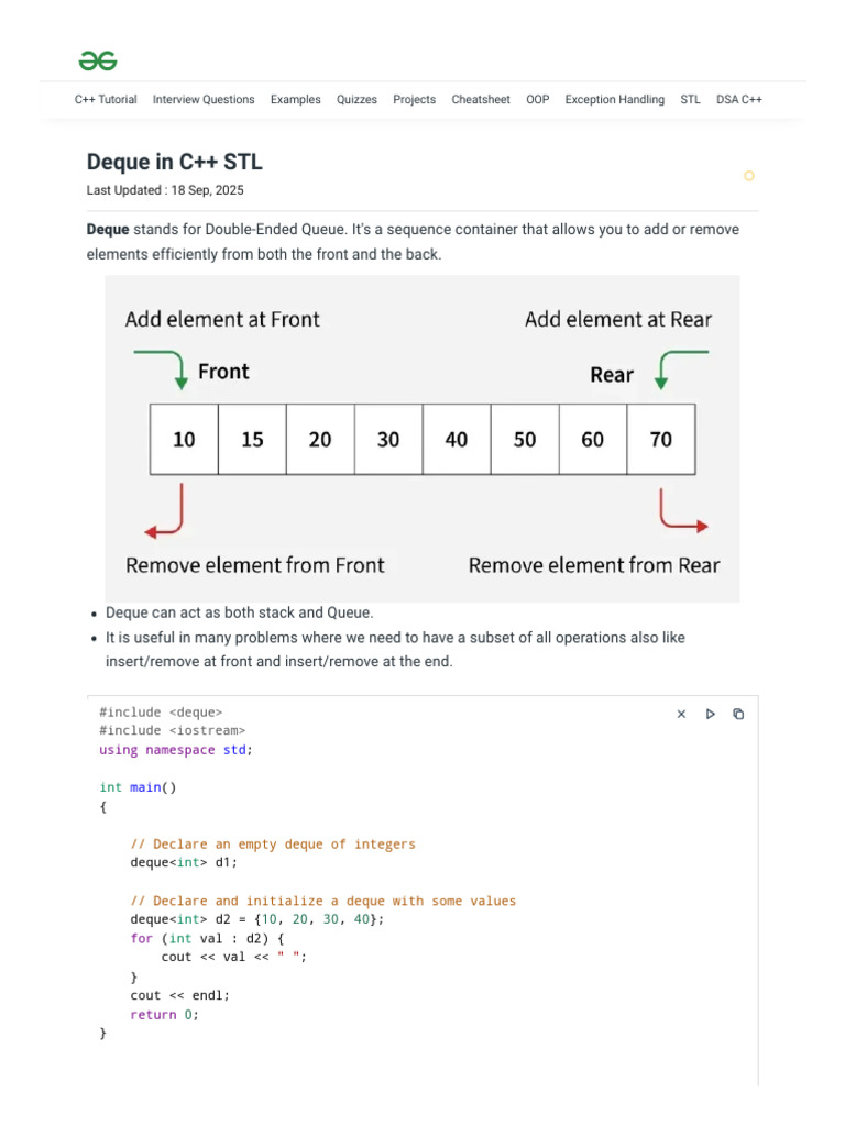 Deque in C++ STL - GeeksforGeeks | PDF | C++ | Programming Paradigms