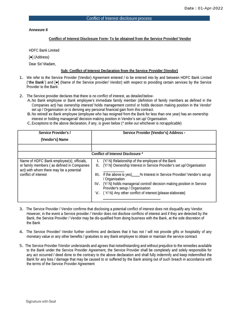 Coi Sample | PDF | Conflict Of Interest | Business Law