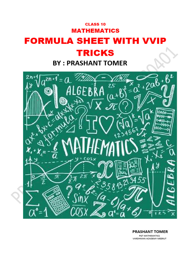 Class 10 Formula Sheet - Prashant | PDF | Polynomial | Zero Of A Function