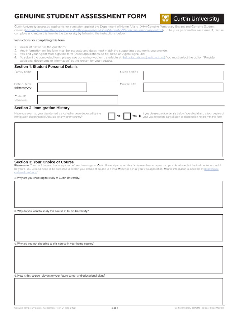Curtin University - Genuine Student Assessment Form | PDF | Travel Visa ...