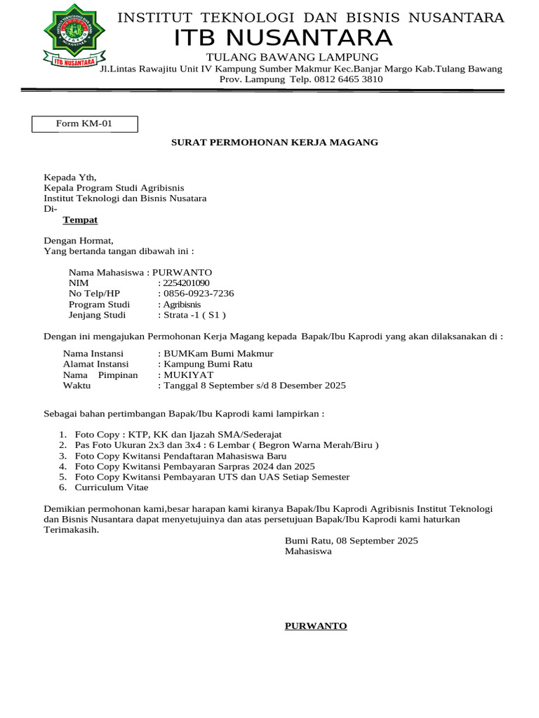 Form Magang Purwanto - 112056 | PDF