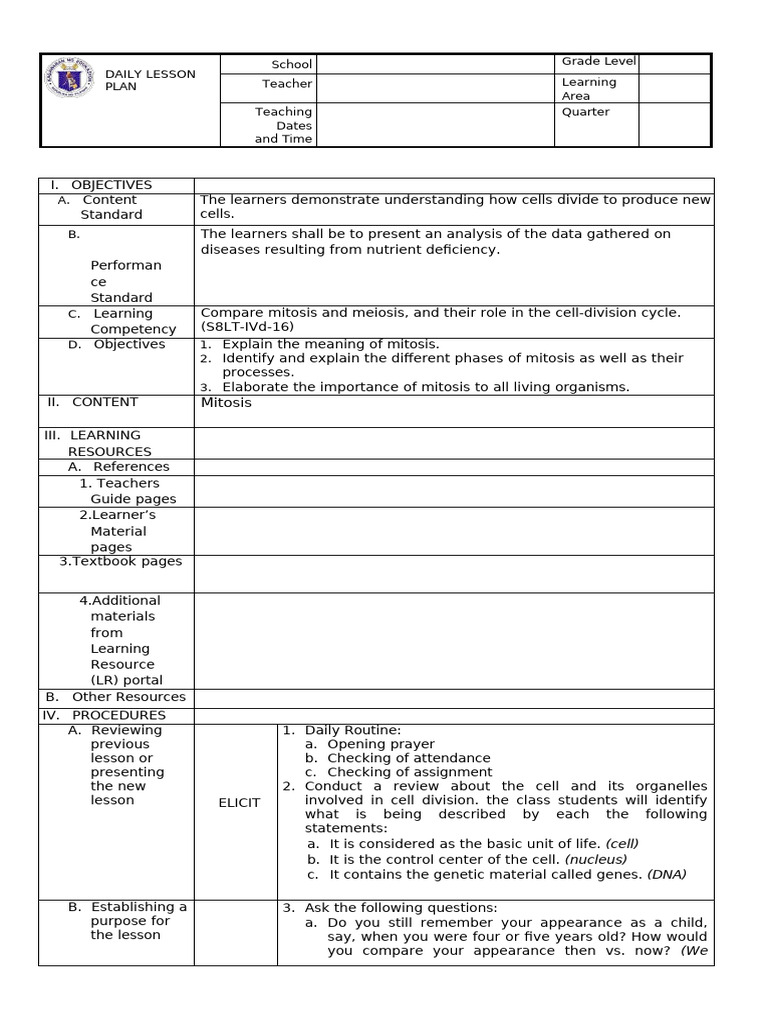 Lesson Plan Mitosis Deped | PDF | Mitosis | Learning