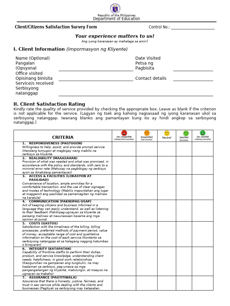 Client Citizens Satisfaction Survey Form | PDF