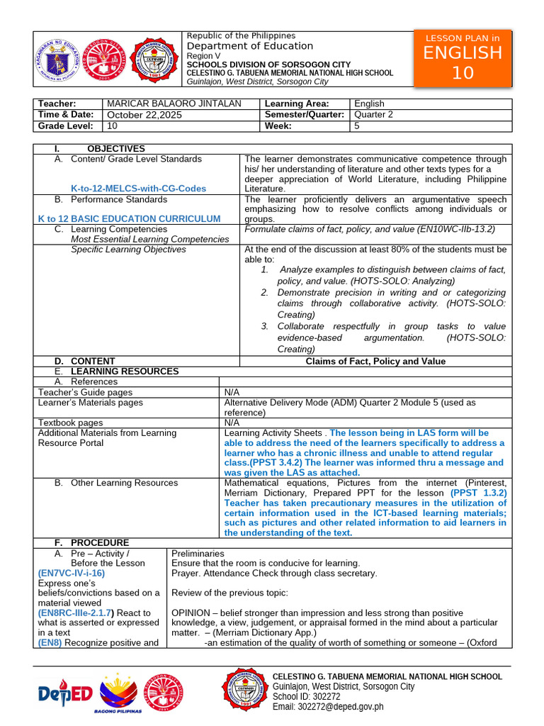 Lesson Plan For Re Class | PDF | Learning | Teachers
