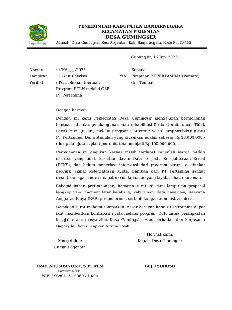 Proposal CSR RTLH Pertamina | PDF