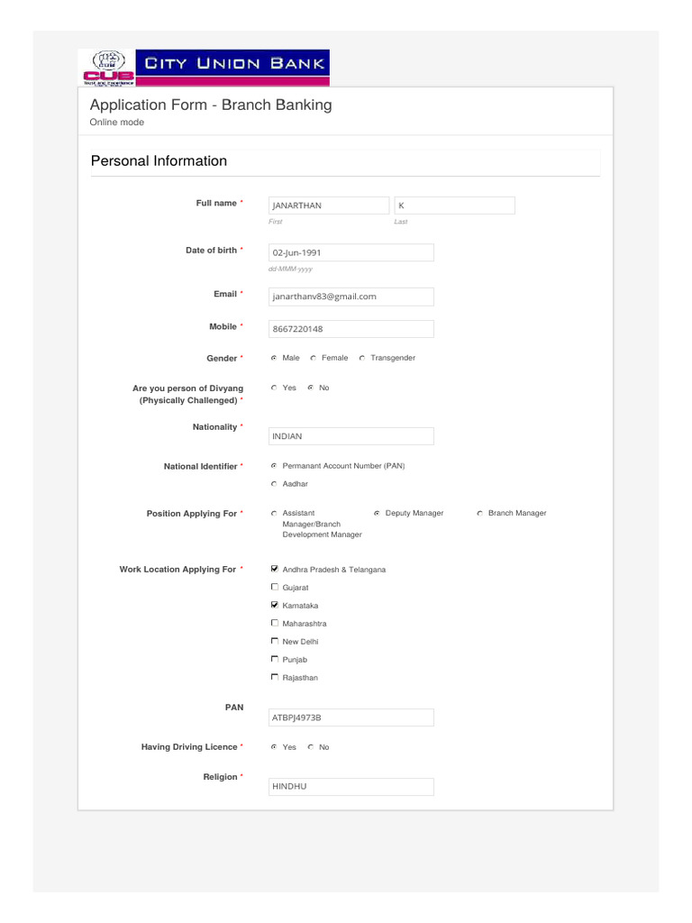 CUB-Job Application Form Executive Cadre | PDF