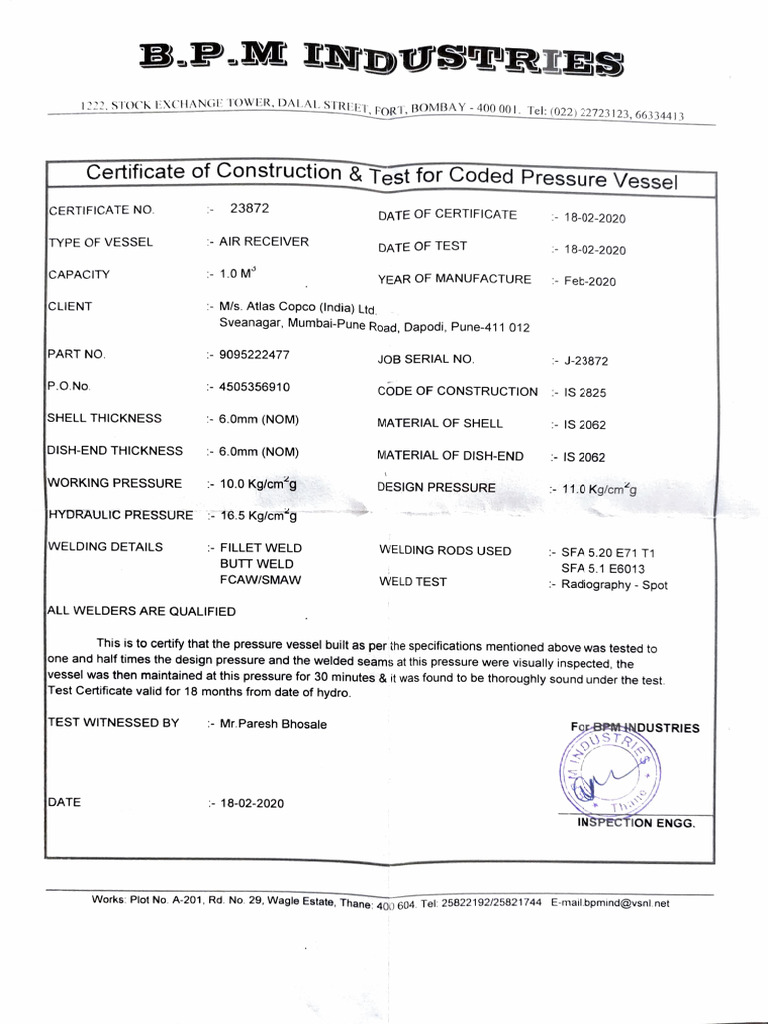 Air Receiver Tank Test Certificate | PDF | Pressure | Mechanical ...