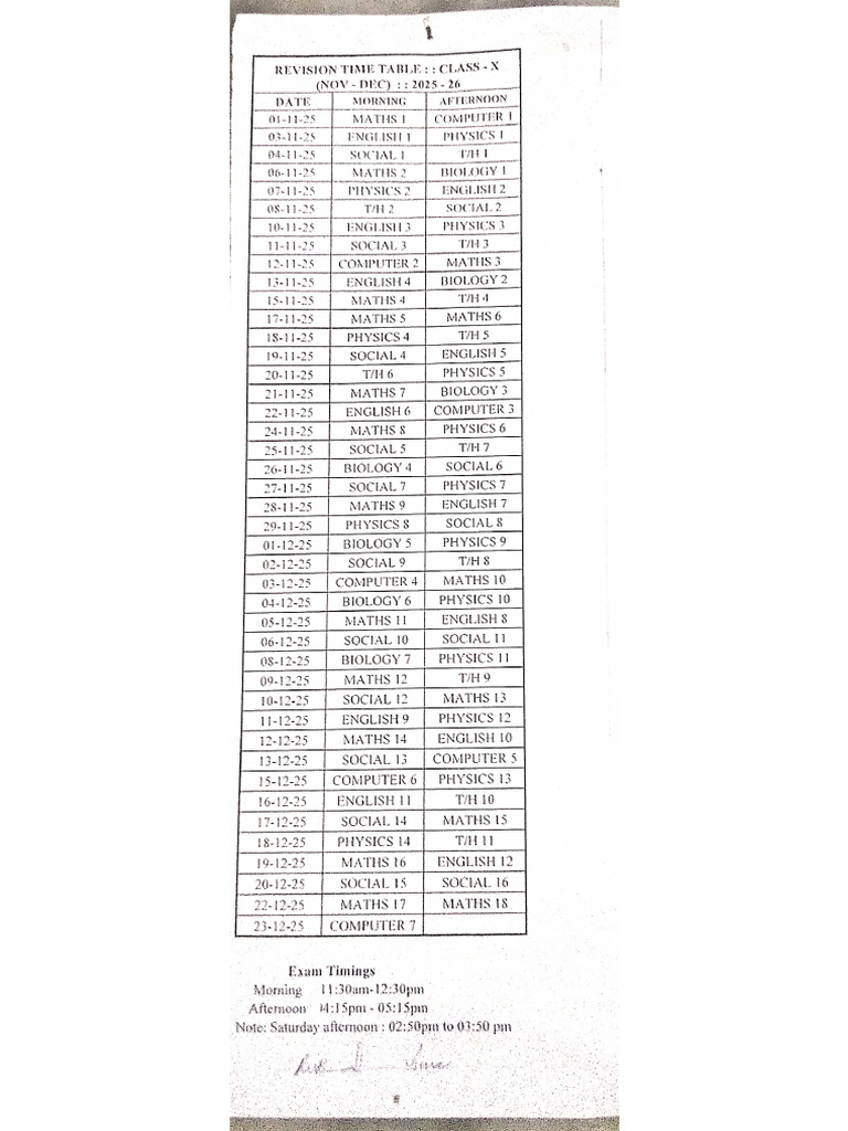 Revision Test Time Table | PDF