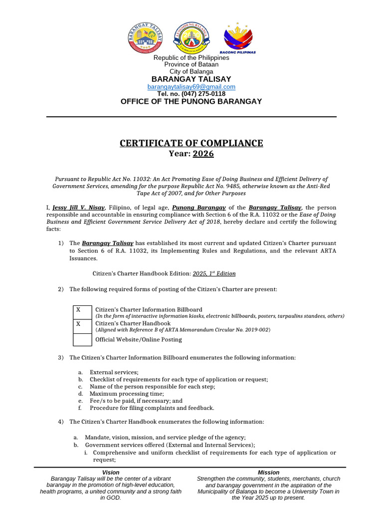 ARTA MC No. 2021 10 Annex A New COC Template | PDF | Government | Justice