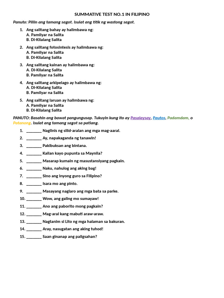 Summative Test No.1 in Filipino 6 | PDF