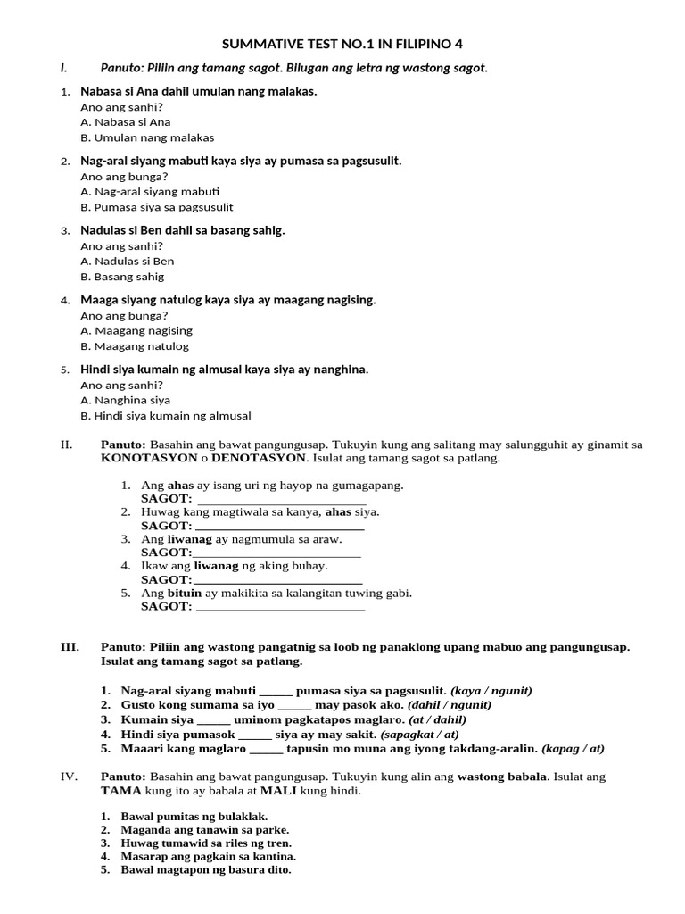 Summative Test No. 1 in Filipino 4 | PDF