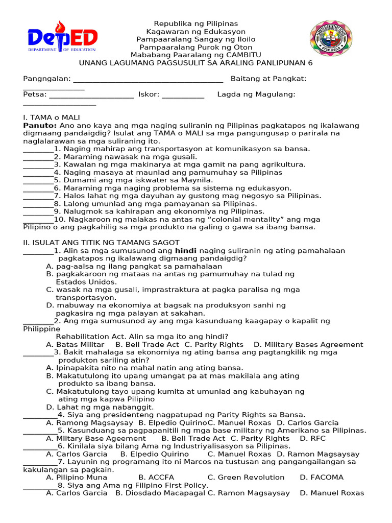 AP 6 q3 Summative Test Number 1 Week 1-2v1 | PDF