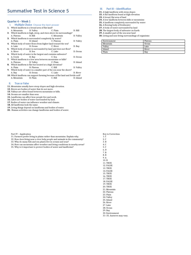 DTC - Summ - Test Science 5 q4 w1 | PDF | Mountains | River