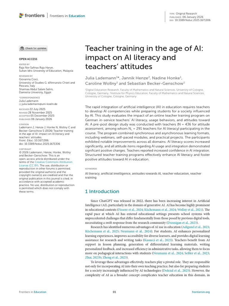 Teacher Training in the Age of AI Impact on AI Literacy and Teachers ...