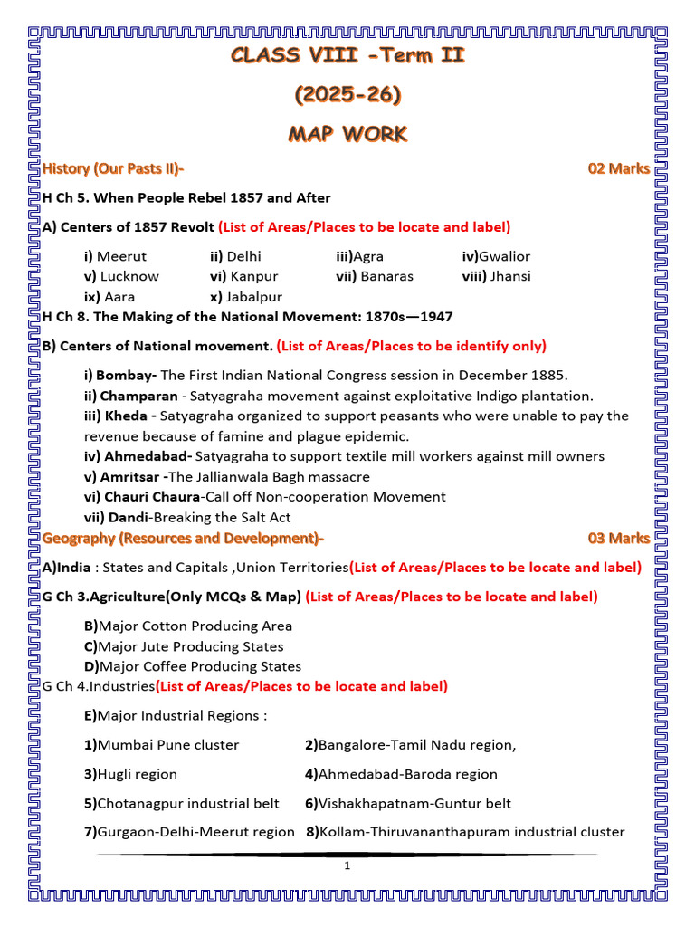 Class VIII Term II Map Questions | PDF | Politics Of India | India ...
