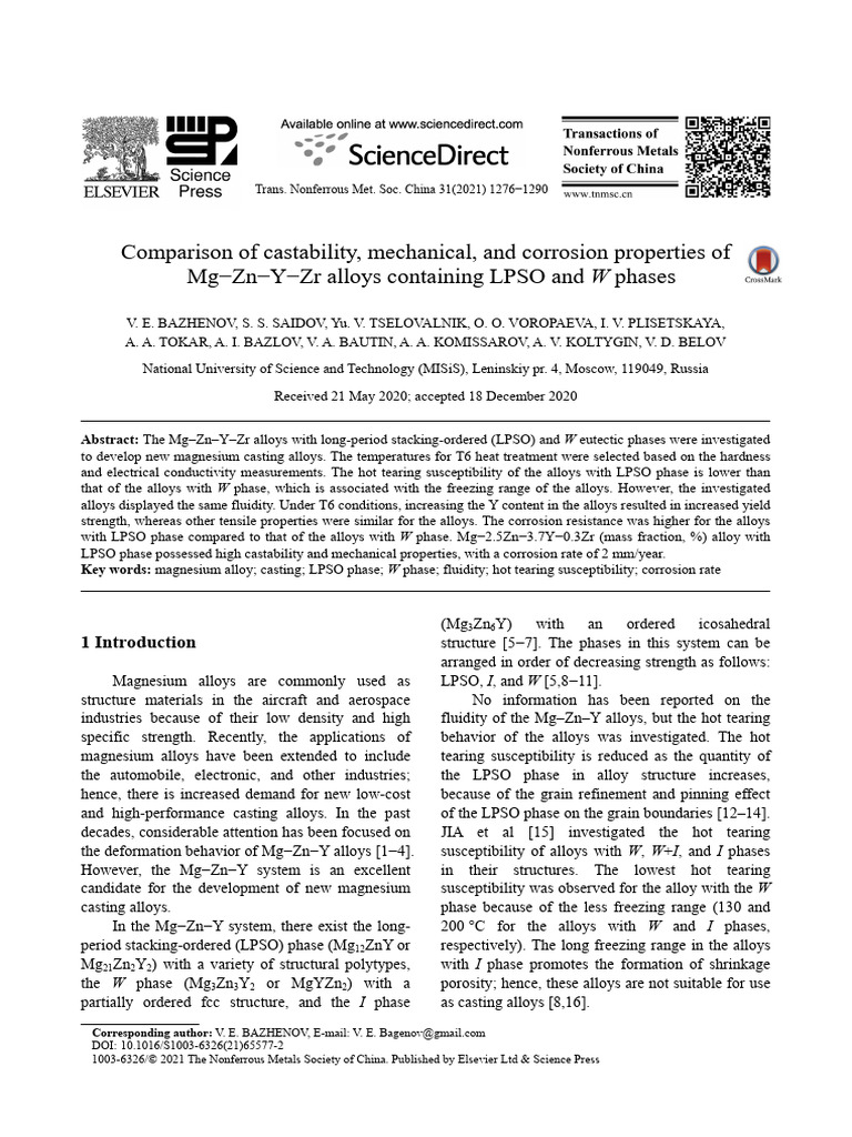 Scopus Comparison of Castability, Mechanical, and Corrosion Properties ...