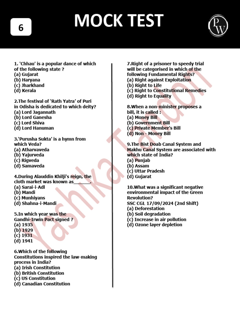 Mock Test 6 For Physics Wallah by Yashika Tandon | PDF