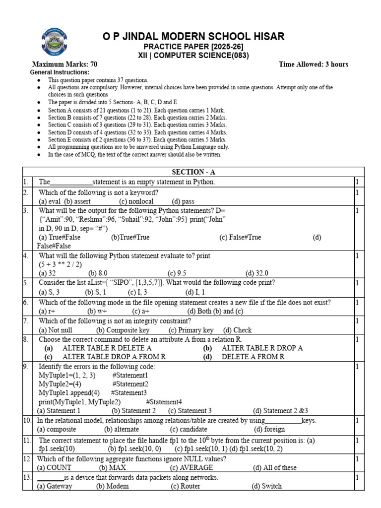 XII Comp SC Practice Paper | PDF | Parameter (Computer Programming ...