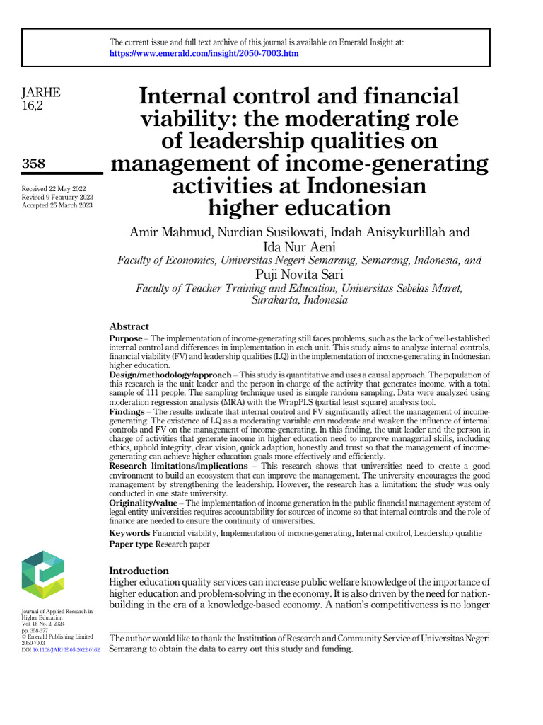 Internal Control and Financial Viability - The Moderating Role of ...