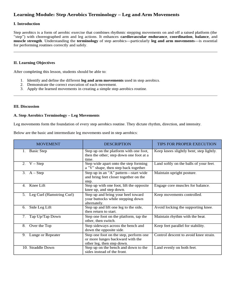 Step Aerobics Terminology - Leg and Arm Movements | PDF | Foot | Shoulder