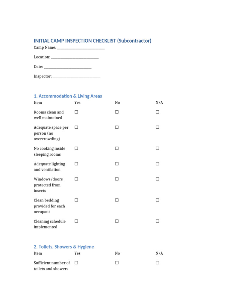 Simple Initial Camp Inspection Checklist | PDF | First Aid | Safety