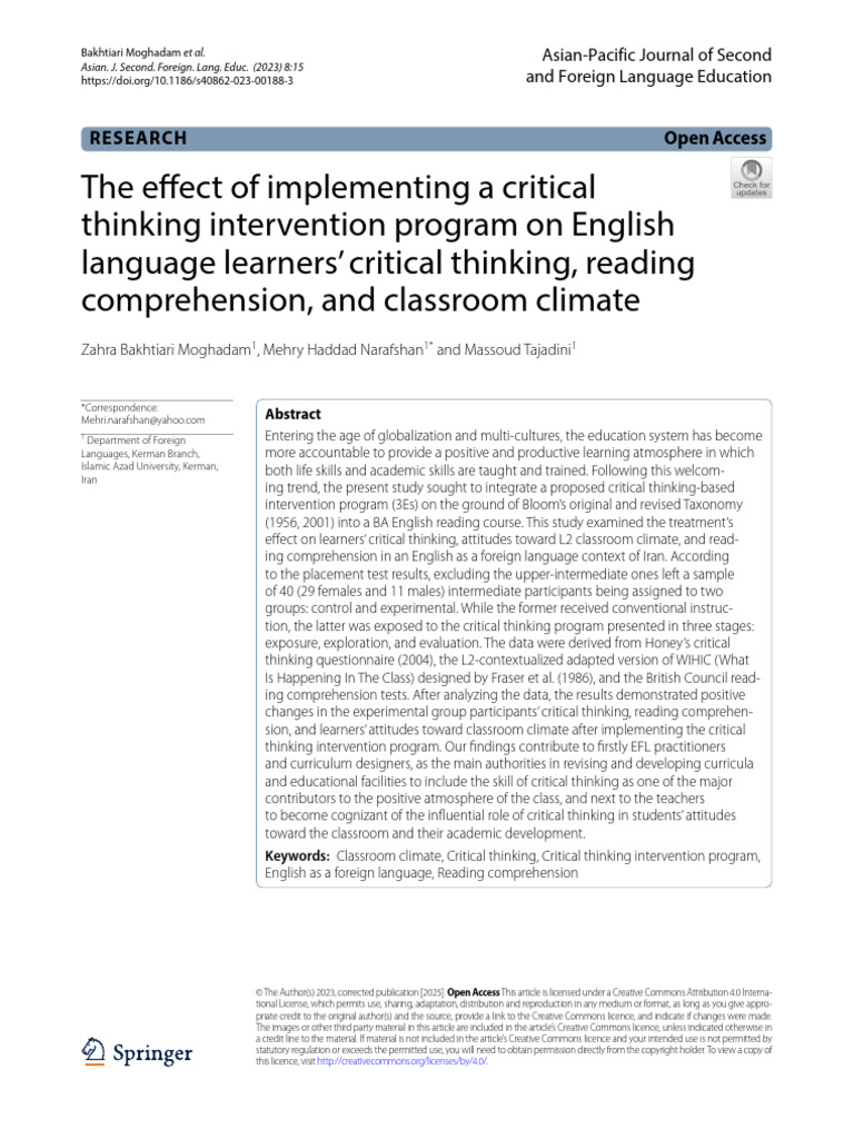 The Effect of Implementing A Critical Thinking Intervention Program ...