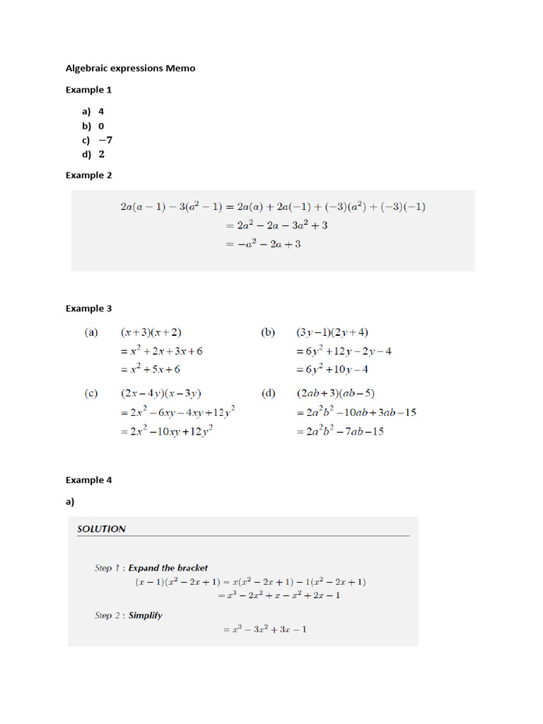 Algebraic Expressions Memo | PDF