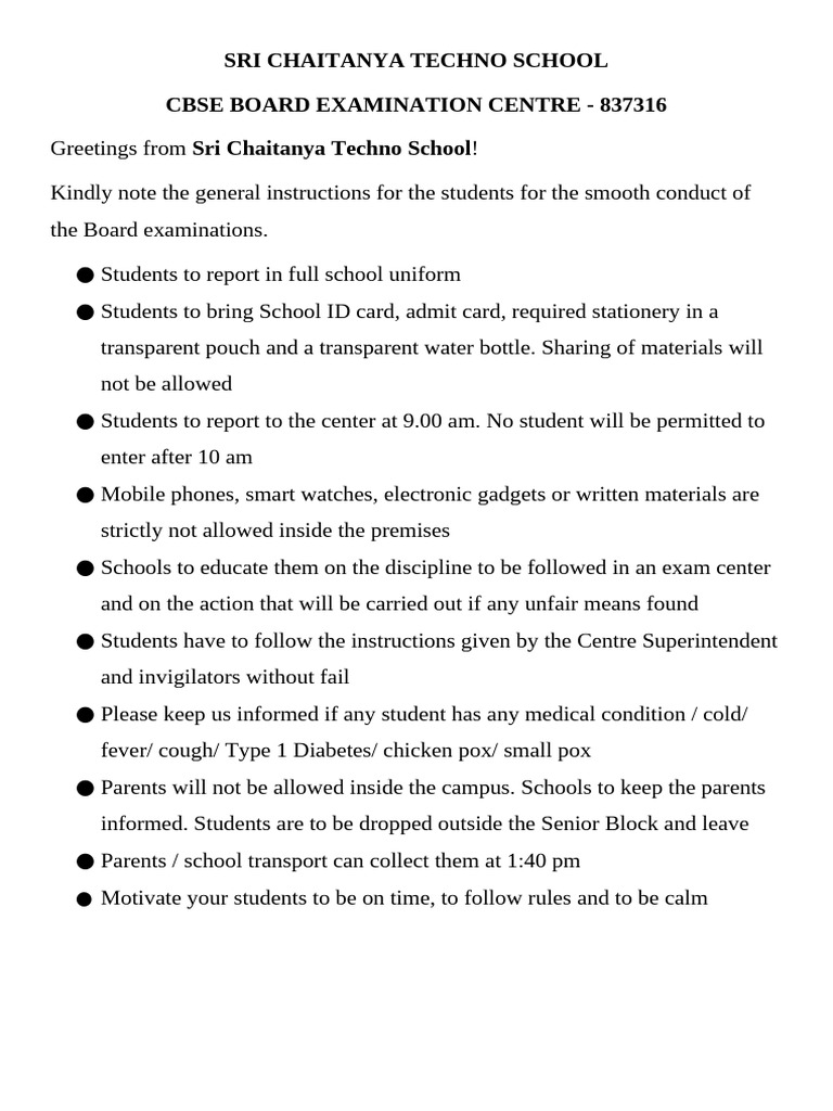 Board Exam Students Instruction | PDF