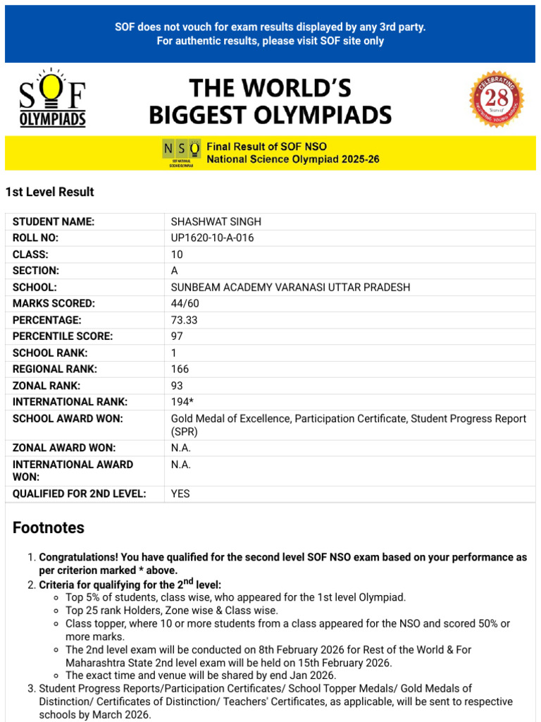 Resuts - Science Olympiad Foundation Nso | PDF
