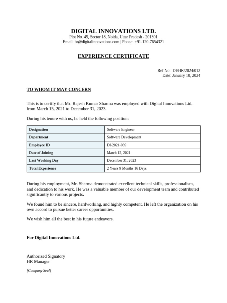 9 Experience Certificate Sample | PDF