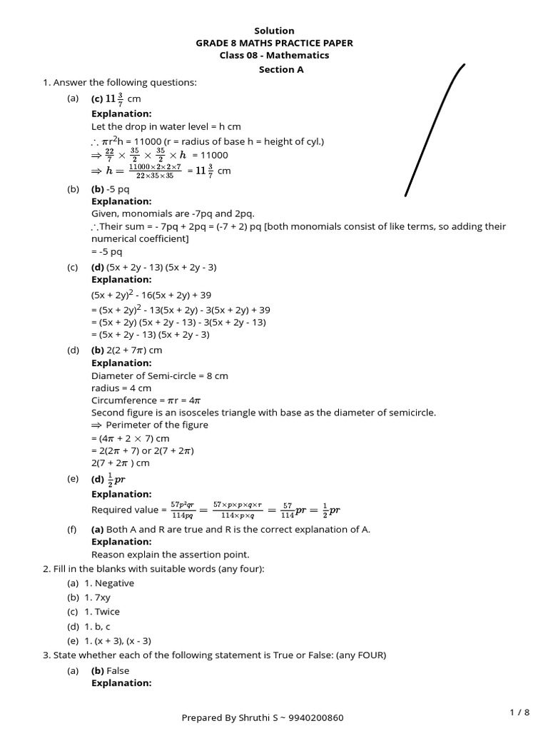 Grade 8 Maths Practice Paper Soln | PDF | Elementary Geometry ...