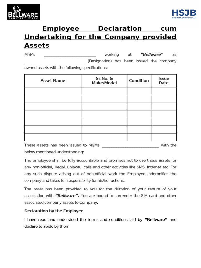 Declaration Cum Undertaking For Company Provided Assets | PDF