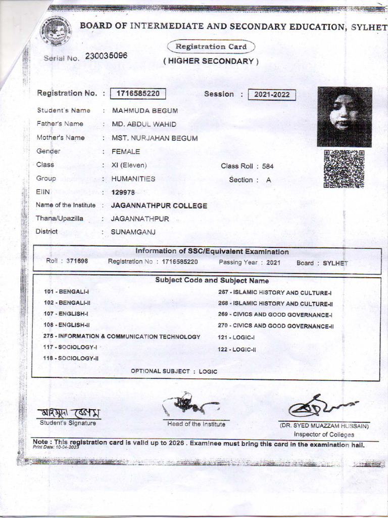 HSC Registrationi Card | PDF