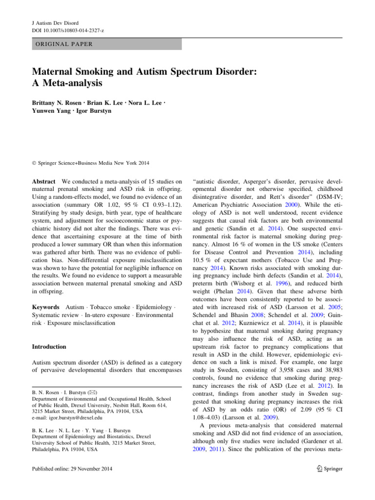 Maternal Smoking and Autism Spectrum Disorder - A Meta-Analysis | PDF ...