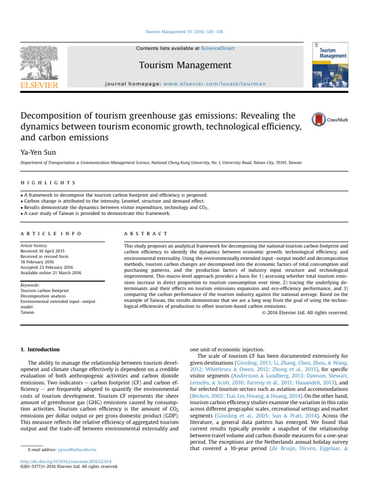 Tourism Management: Ya-Yen Sun | PDF | Carbon Footprint | Tourism