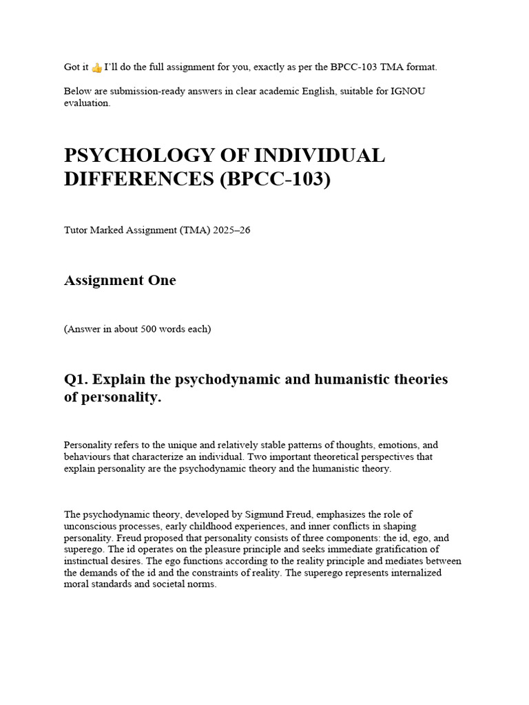 Psychology of Individual Differences (Bpcc-103) : Assignment One | PDF ...
