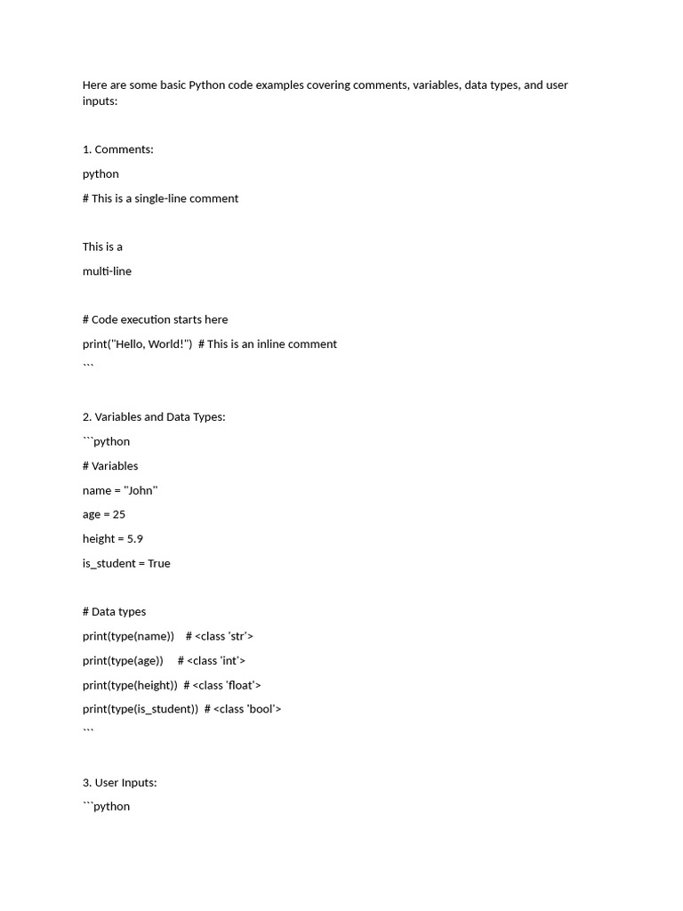 Here Are Some Basic Python Code Examples Covering Comments | PDF