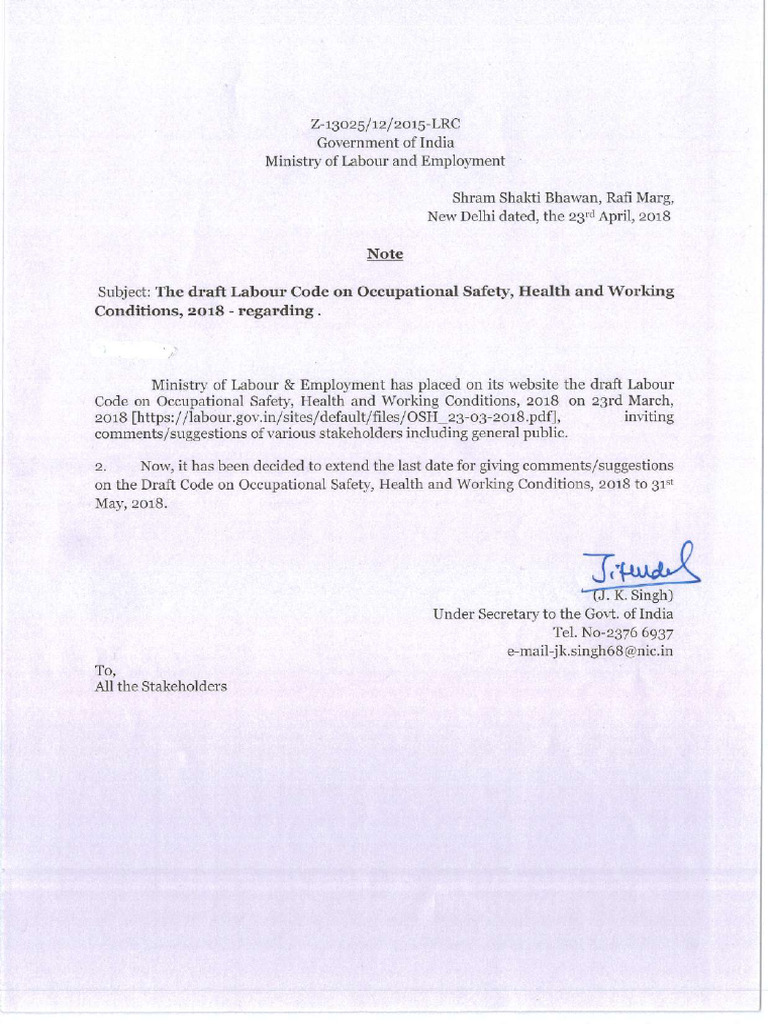 Draft Labour code year 2018 Safety on health | PDF | Employment ...