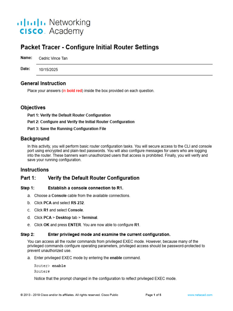 10.1.4 Packet Tracer - Configure Initial Router Settings | PDF ...
